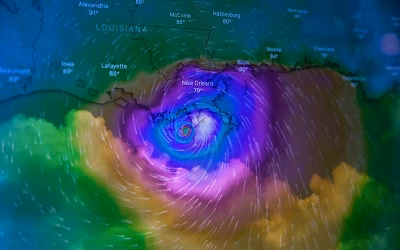 First-Responders Double exposure of Hurricane Ida approaching New Orleans