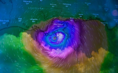 First-Responders Double exposure of Hurricane Ida approaching New Orleans