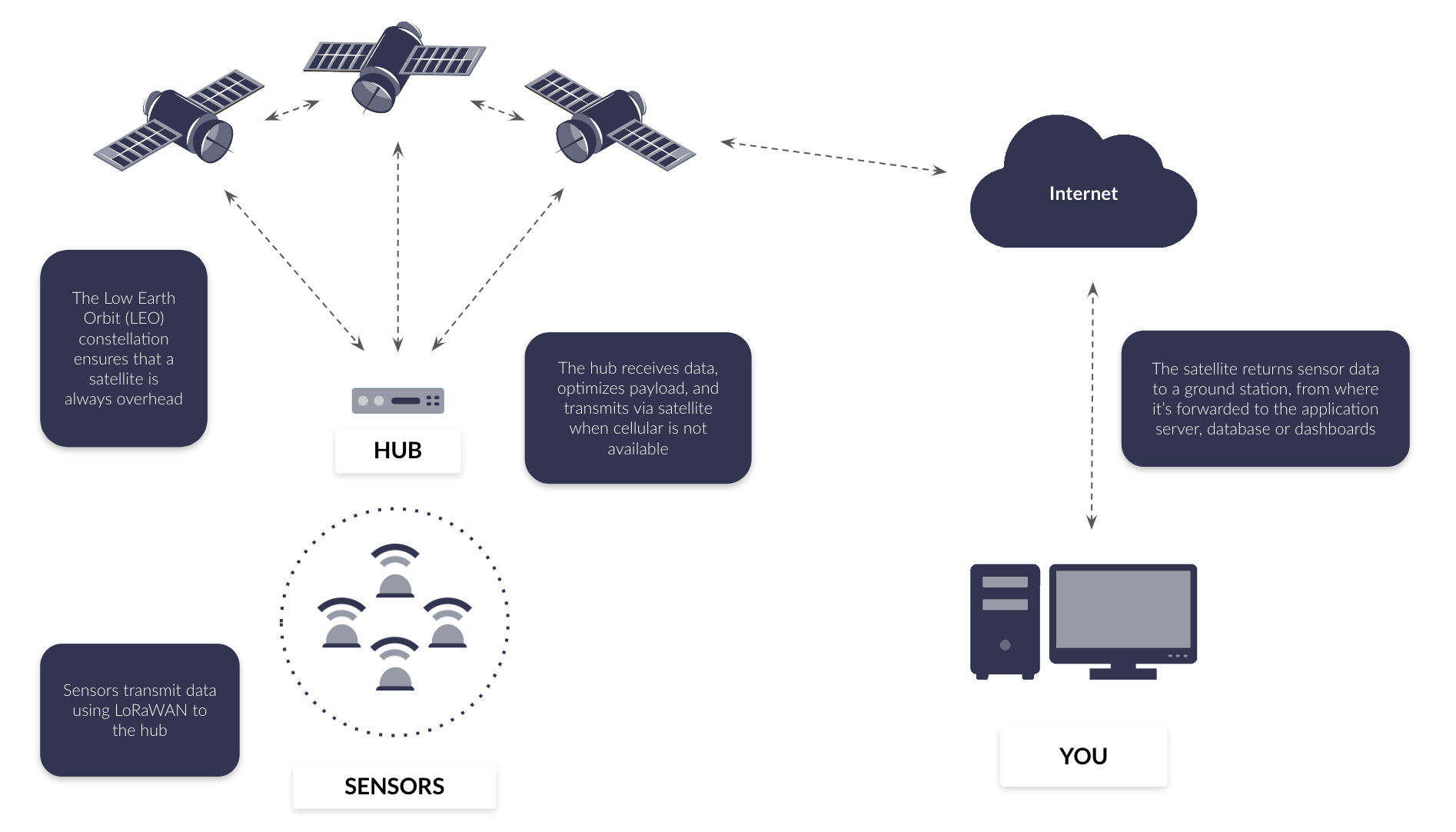 Diagram showing how satellite and LoRaWAN networks communicate