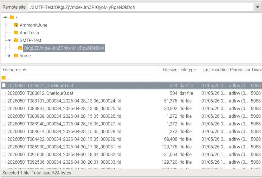 Example screenshot showing an FTP server destination with NRG RLD files and Campbell DAT files