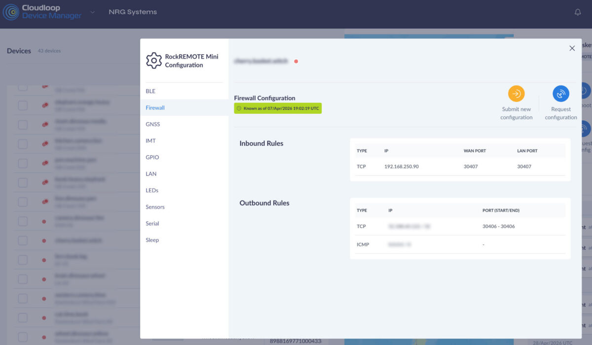Cloudloop Device Manager showing Firewall configuration of a RockREMOTE Mini