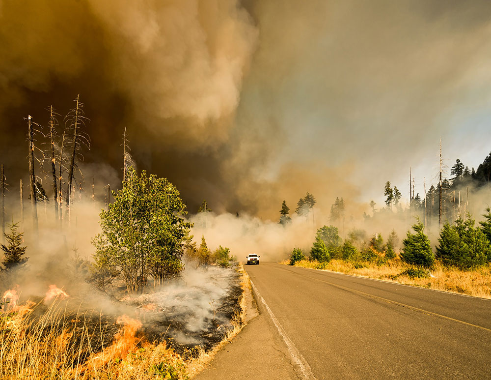 Truck escaping wildfire