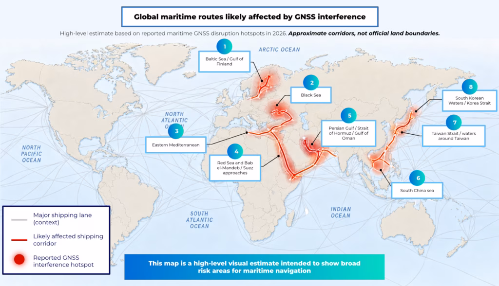 Indicative GNSS interference hotspots based on publicly reported maritime incidents and safety reporting in 2026